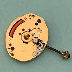May include: Close-up of a gold-colored watch movement with intricate gears, a red coil, and a screw with a black head. The watch mechanism is set against a light blue background.