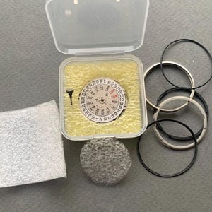 Pu&ograve; includere: Kit di riparazione orologi con vari componenti. Include un movimento dell'orologio con visualizzazione del giorno e della data, una custodia di plastica trasparente, una piccola vite, un filtro in schiuma e diverse guarnizioni per orologi nere e argentate.