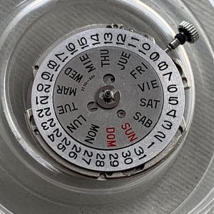 Pu&ograve; includere: Un movimento di orologio argentato con visualizzazione del giorno e della data. Il quadrante presenta numeri neri e abbreviazioni dei giorni in pi&ugrave; lingue. Una piccola corona &egrave; visibile sul lato. Il movimento &egrave; in un contenitore di plastica trasparente.