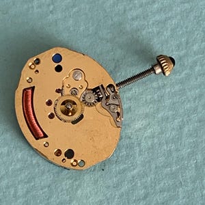 May include: Close-up of a watch movement with gold-colored metal components. The movement features small gears, a red coil, and a screw with a black head. The background is a light blue surface.