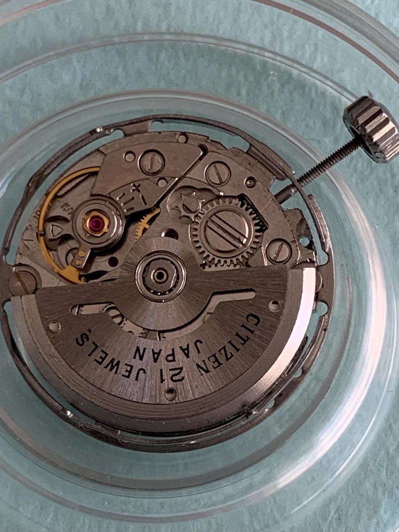 May include: Close-up of a Citizen 21 Jewels watch movement. The silver-toned mechanism features intricate gears, a red jewel, and the text "CITIZEN JAPAN" and "21 JEWELS". A silver screw and crown are attached.