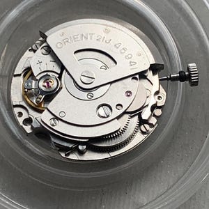 Pu&ograve; includere: Primo piano di un movimento di orologio argentato con la scritta "ORIENT 21J 46941". L'intricato meccanismo include piccoli ingranaggi, viti e gioielli. Una corona &egrave; visibile a destra. Il movimento dell'orologio &egrave; all'interno di un contenitore trasparente.