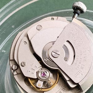 May include: Close-up of a silver-toned Orient Watch movement. The watch mechanism features various gears, screws, and a crown. The text "ORIENT WATCH" is visible on the movement. The watch movement is set in a clear, circular container.