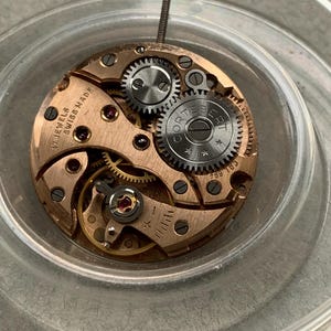 May include: Close-up of a vintage watch movement with visible gears, screws, and jewels. The movement is a copper color with the text "17 JEWELS SWISS MADE" visible. The watch mechanism is inside a clear plastic container.