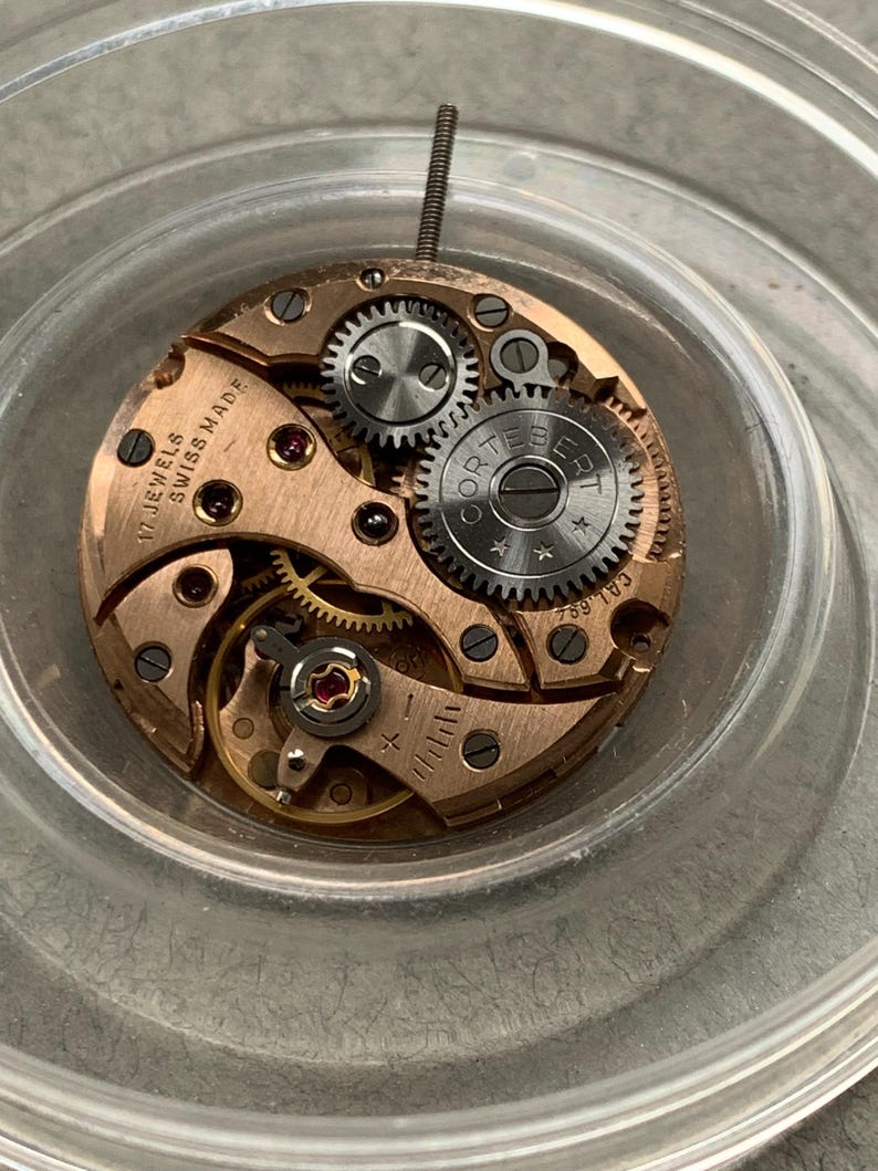 May include: Close-up of a vintage watch movement with visible gears, screws, and jewels. The movement is a copper color with the text "17 JEWELS SWISS MADE" visible. The watch mechanism is inside a clear plastic container.