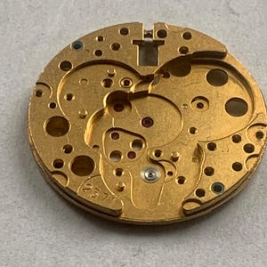 May include: Close-up of a gold-colored watch movement component. The circular piece has numerous holes, intricate cutouts, and small red jewels. The number "257" is etched on the surface. This component is likely part of a mechanical watch.