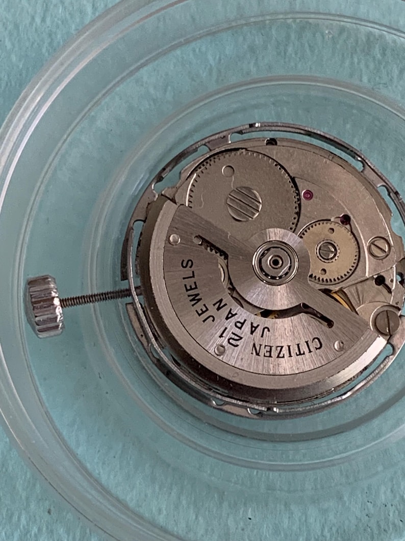 May include: A close-up of a Citizen 21 Jewels watch movement. The silver-colored mechanism features intricate gears, a winding stem, and the text "CITIZEN JAPAN". The movement is encased in a clear plastic container.