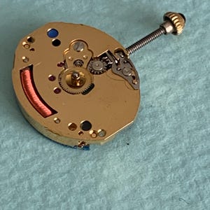 May include: A gold-toned watch movement with intricate gears, a red coil, and a screw-down crown. The watch mechanism is oval-shaped and features small jewels and various components. The background is a light blue surface.