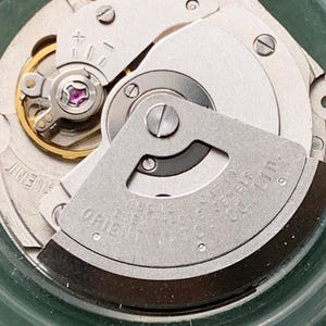 May include: Close-up of a watch movement with silver gears and components. The text "ORIENT WATCH CO. LTD." is visible. The movement features a jewel-toned purple stone and various screws.