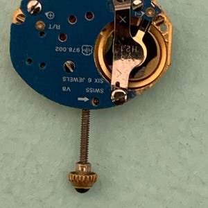 May include: A watch movement with a blue circuit board, gold-colored components, and a silver-colored screw. The board has text including "SWISS", "6 JEWELS", and "978.002". A gold-colored crown is at the bottom.