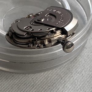 Pu&ograve; includere: Primo piano di un movimento di orologio, con ingranaggi e componenti intricati. Le parti metalliche sono argentate, con la scritta "ORIENT" visibile su una placca circolare. Il movimento &egrave; all'interno di un contenitore trasparente e rotondo.