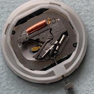Puede incluir: Primer plano de un movimiento de reloj, con un mecanismo plateado y cobrizo dentro de una carcasa de pl&aacute;stico blanco. El movimiento incluye el texto "MIYOTA CO. JAPAN 2115 UNADJUSTED". Se ve un tornillo plateado en el lateral.