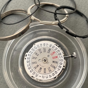 Pu&ograve; includere: Un movimento di orologio con quadrante bianco, indicatori di giorno e data e una piccola corona argentata. Diverse guarnizioni per orologi nere e bianche e un anello argentato circondano il movimento in un contenitore di plastica trasparente. Il quadrante mostra i giorni della settimana.