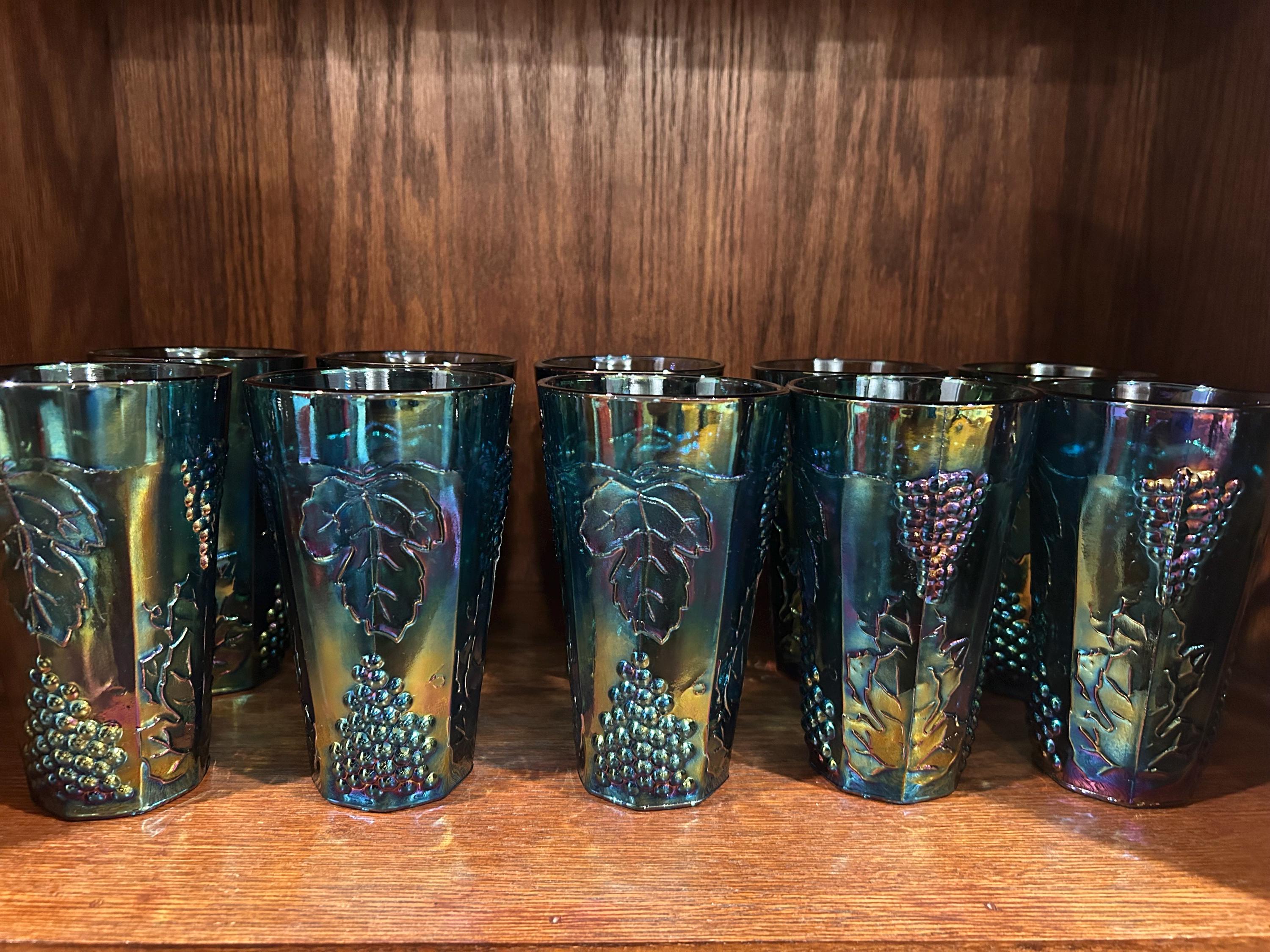 SET OF 10 | Blue Carnival Glass Vintage Harvest Grape Pattern Iridescent Tumbler Cups | Made In The USA |