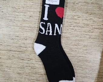 Calcetines peludos "I Love Santa" / Calcetines navideños acogedores en blanco y negro / Calcetines de invierno suaves y afelpados / Calcetines cálidos de Santa para mujer