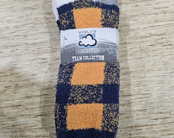 Fuzzy Team Color Socks Orange Navy | Cozy Checkered Plush Socks | World's Softest | Warm Winter Lounge Socks | Game Day Fan Gift