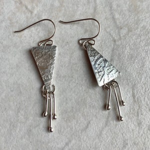 Sterling Silver Triangle Mismatched Textured Earrings with Silver Bar Dangles, Hand Forged Hammered Geometric Earrings, Boho Long Triangles