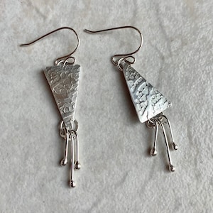 Sterling Silver Triangle Mismatched Textured Earrings with Silver Bar Dangles, Hand Forged Hammered Geometric Earrings, Boho Long Triangles