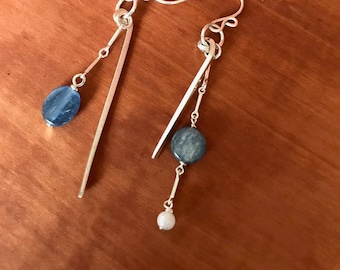 Sterling Silver Hammered Dangle Earrings with Blue Kyanite Stones and Moonstone or Smoky Quartz and Crystal, Asymmetrical Long Earrings