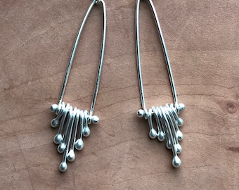 Argentium Sterling Silver Hammered Long Triangle Earrings with Silver Bar Dangles, Hand Formed Geometric Silver Dangle Earrings, Boho Style