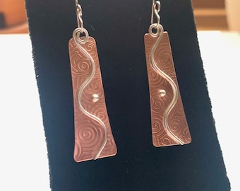Embossed Copper Textured Earrings With Wavy Sterling Silver Wirework, Mixed Metal Silver On Copper Hand Forged Earrings, Boho Style Earrings