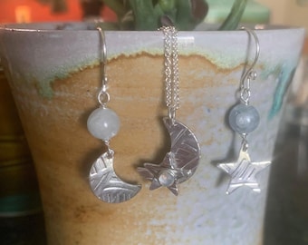 Handmade Argentium Silver Celestial Jewelry Set: Moon, Star, Chalcedony