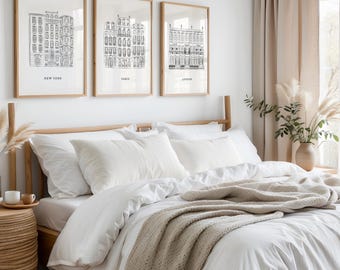 Set of 3 City Prints – New York, Paris, London – Illustrated Gallery Wall Art – Printable Travel Poster Bundle – Digital Download