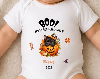 Personalized Baby Bodysuit, First Halloween Pumpkin Cat Outfit (2026)
