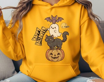 Happy Halloween Cat Ghost Bat Pumpkin Hoodie, Spooky Fall Sweatshirt