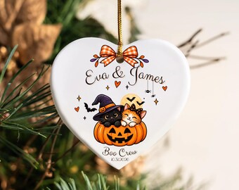 Personalized Cat Halloween Ornament, Couple Keepsake, Heart Christmas Tree Decoration
