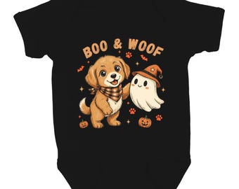 Personalized Halloween Baby Bodysuit, Dog & Ghost Design, 2026 Keepsake
