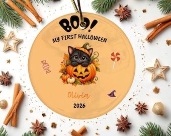 Personalized First Halloween Ornament, Baby Halloween Keepsake, Black Cat Pumpkin Decor, Newborn Gift