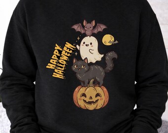 Halloween Cat Pumpkin Sweatshirt, Spooky Ghost Bat Fall Apparel