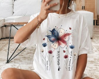 America 250th Anniversary Floral Tee, Boho USA 4th of July Shirt