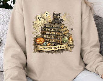 Halloween Book Club Sweatshirt, Spooky Cat Ghost Reader Crewneck, Witchy Fall Gift
