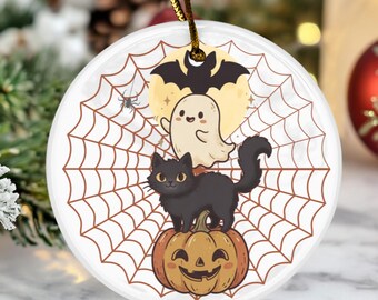 Halloween Cat Ornament, Spooky Ghost Pumpkin Decor, Black Cat Lover Gift