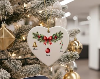 Personalized Ceramic Heart Christmas Ornament, Family Name Holiday Tree Decor