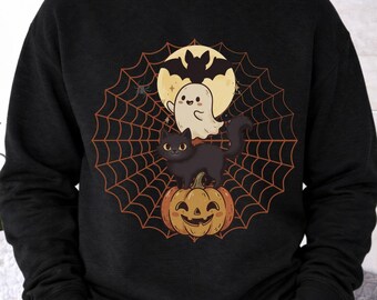 Halloween Black Cat Ghost Pumpkin Sweatshirt, Spooky Autumn Graphic Tee