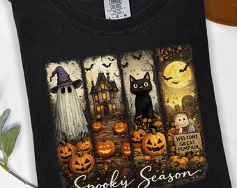 Spooky Season Halloween Shirt Vintage Ghost Black Cat Pumpkin Graphic Tee Gift