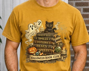 Halloween Book Club Shirt Spooky Cat Ghost Witchy Reader Tee