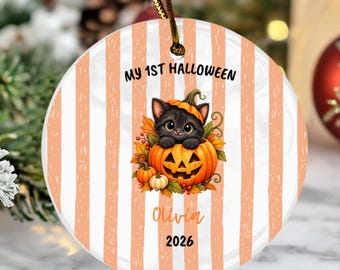 Personalized Baby's First Halloween Black Cat Pumpkin Ornament 2026