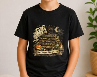 Halloween Book Club Youth Shirt Spooky Reading Ghost Cat Pumpkin Tee
