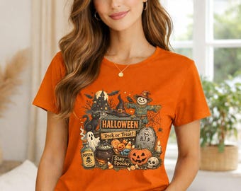 Vintage Halloween Shirt Trick Or Treat Pumpkin Ghost Scarecrow Spooky Tee
