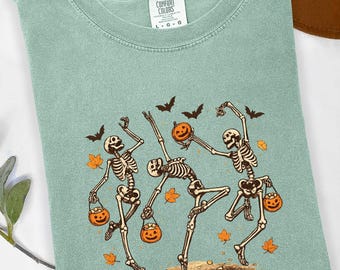 Dancing Skeletons Halloween Shirt, Spooky Pumpkin Ghost Fall Comfort Colors Tee