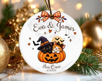 Personalized Halloween Ornament, Custom Cat Couple Christmas Tree Decoration, Boo Crew Keepsake, Newlywed Gift