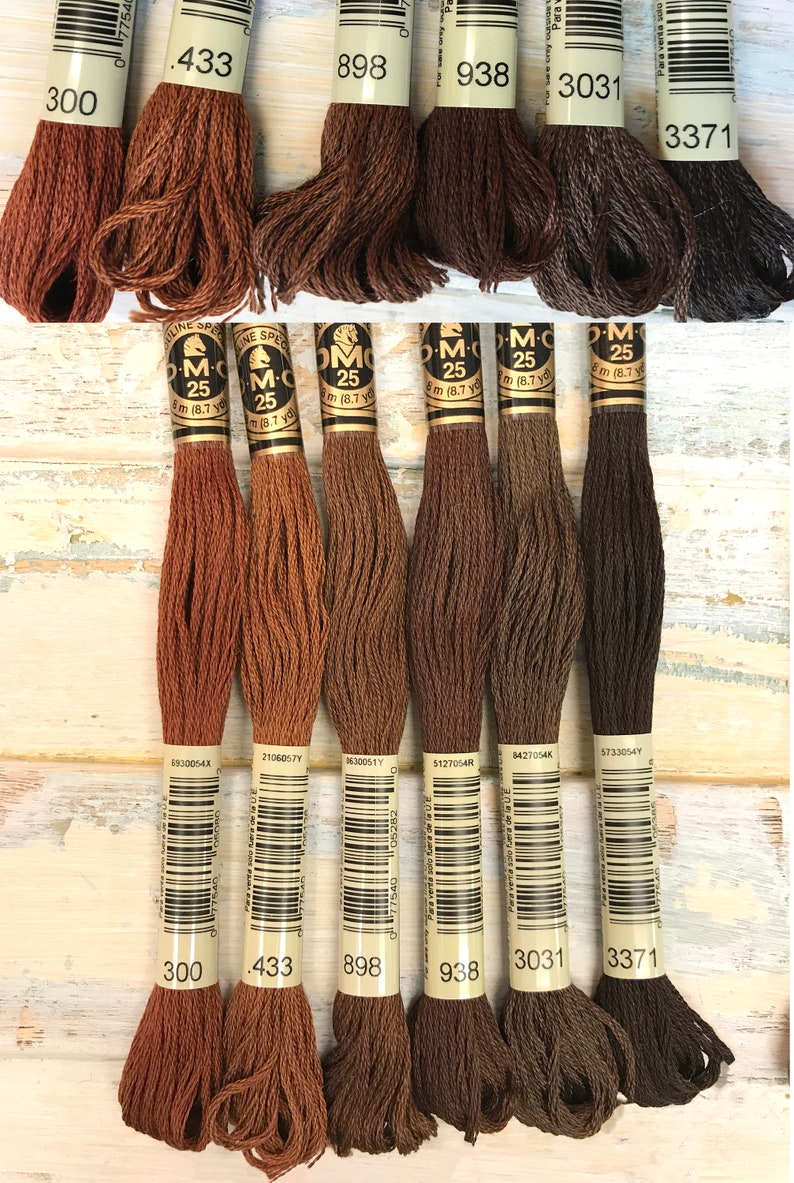 May include: Six spools of DMC embroidery floss in shades of brown, from light to dark. The spools are labeled with DMC numbers: 300, 433, 898, 938, 3031, and 3371.