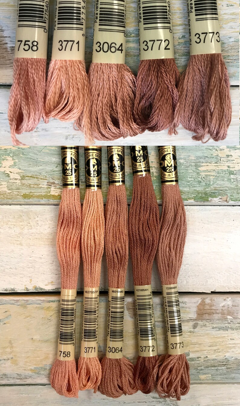 May include: Five spools of DMC embroidery floss in shades of pink and brown. The spools are labeled with the numbers 758, 3771, 3064, 3772, and 3773.