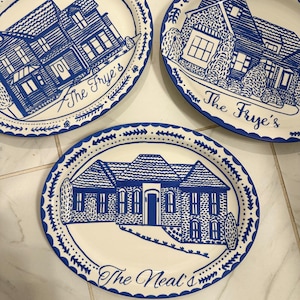 Custom Platter with Home or Wedding Venue , Blue and White Gift Personalized , Handpainted Platter