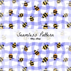 May include: A seamless pattern design with cartoon bees in black and yellow, set on a blue and white gingham check. The words "Seamless Pattern" and the creator's name are also visible.