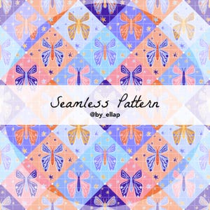 May include: A seamless pattern with butterflies in orange, blue, purple, and pink, on a checkered backdrop. The design includes the text "Seamless Pattern" and the Instagram handle "@by_ellap".